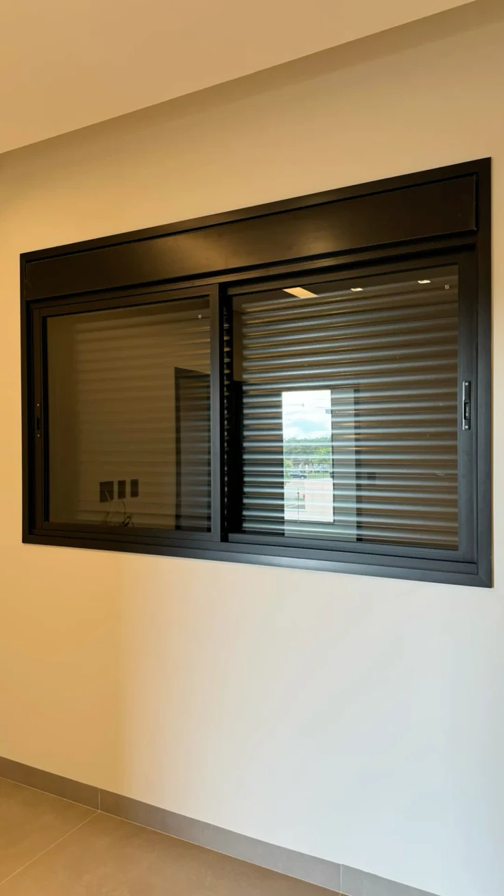 Janela de correr de alumínio preto com persiana integrada, instalada em corredor com vista externa